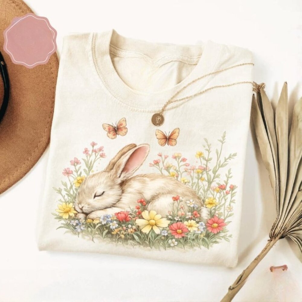 Boho Floral Bunny Shirt Easter Bunny T-shirt Happy Easter Tee - Picture 1 of 4